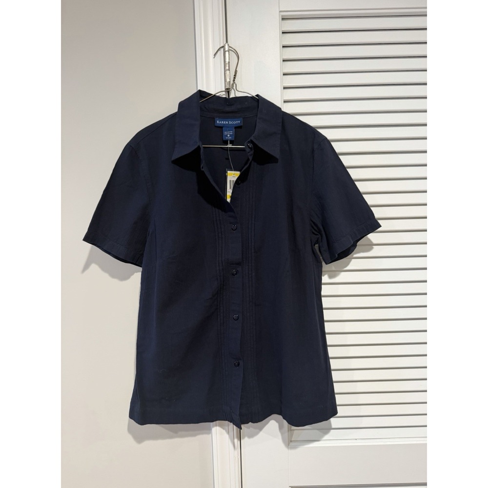 Karen Scott Womens Navy Blue Cotton Pintuck Vintage 90s Blouse Medium NWT